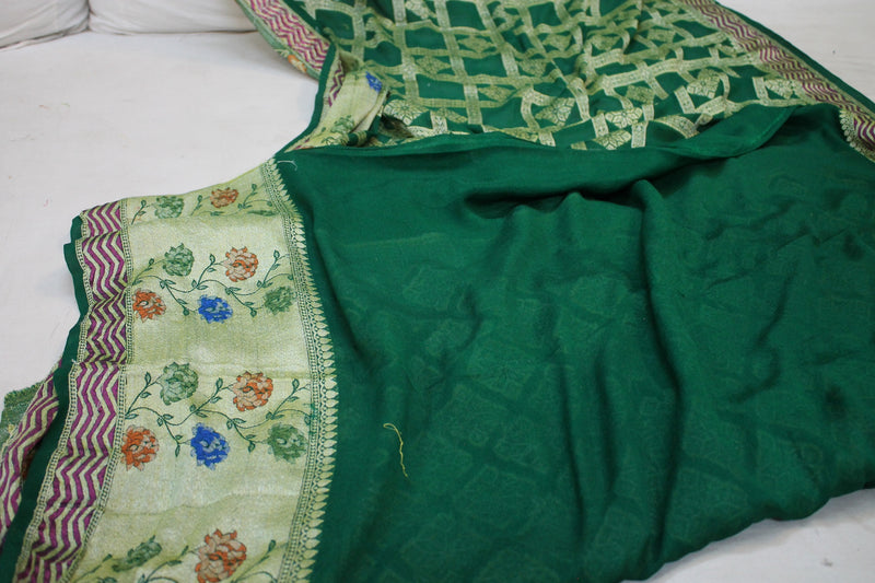 Enchanting Elegance: Dark Green Ghaatchola Tilfi Pure Khaddi Georgette Banarasi Sari by Shades Of Benares - banarasi - banarasi saree shop
