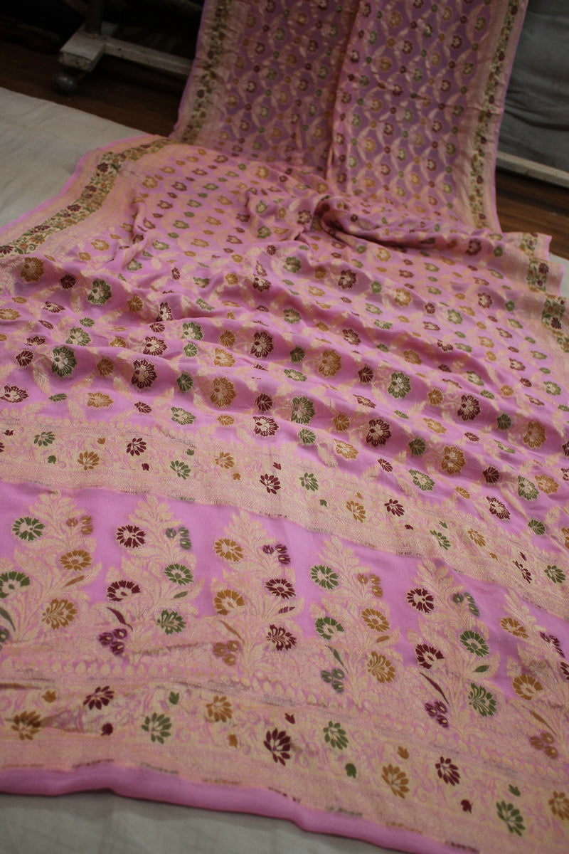 Subtle Elegance: Baby Pink Jaal Tilfi Pure Khaddi Georgette Banarasi Sari by Shades Of Benares - banarasi - banarasi saree shop