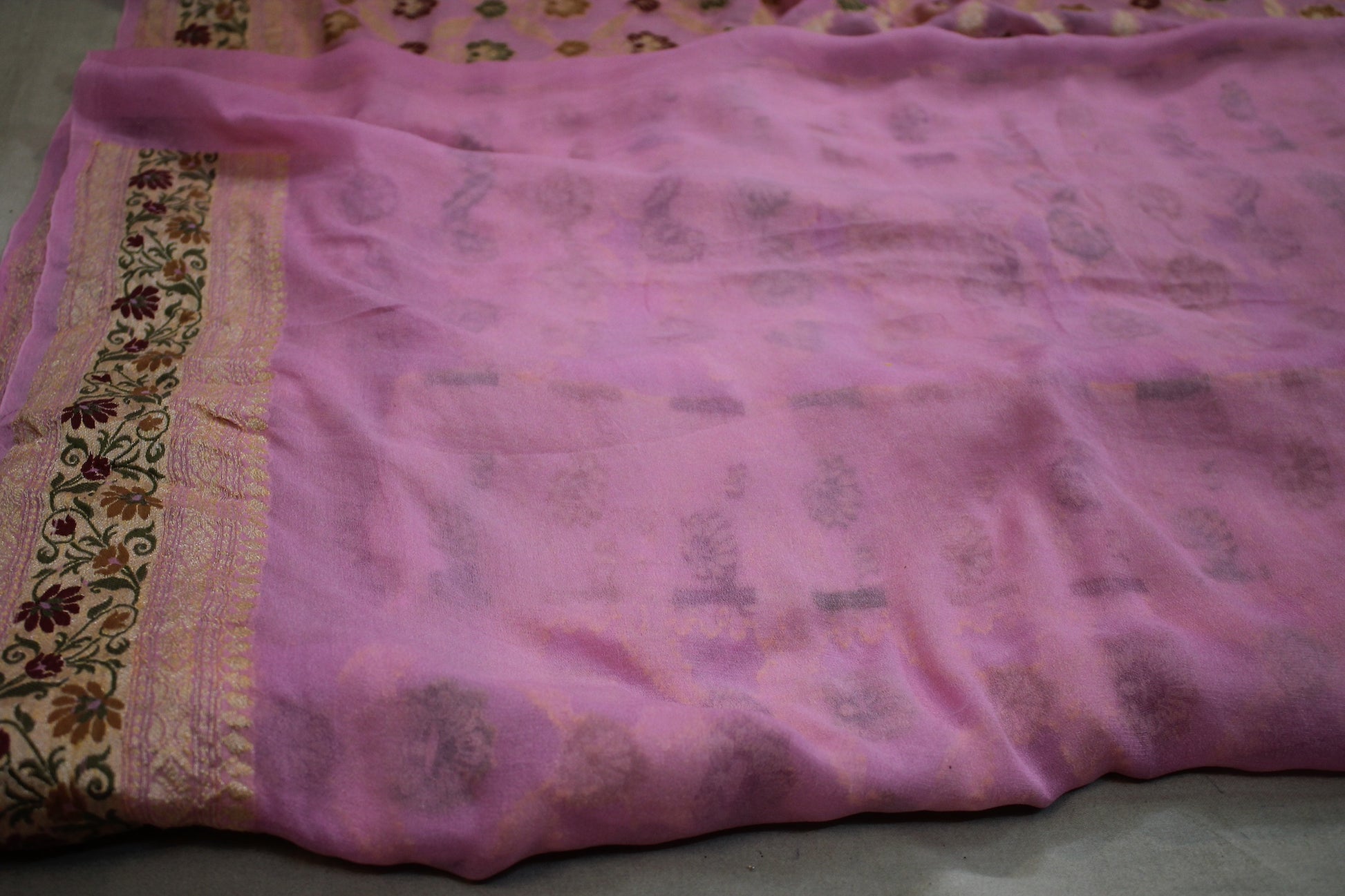 Subtle Elegance: Baby Pink Jaal Tilfi Pure Khaddi Georgette Banarasi Sari by Shades Of Benares - banarasi - banarasi saree shop