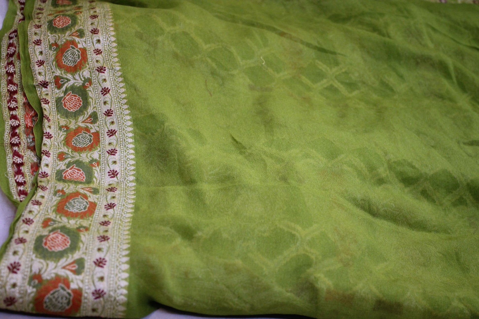 Natural Elegance: Leaf Green Jaal Tilfi Pure Khaddi Georgette Banarasi Sari by Shades Of Benares - banarasi - banarasi saree shop