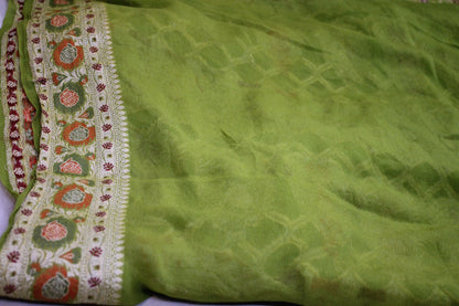 Natural Elegance: Leaf Green Jaal Tilfi Pure Khaddi Georgette Banarasi Sari by Shades Of Benares - banarasi - banarasi saree shop