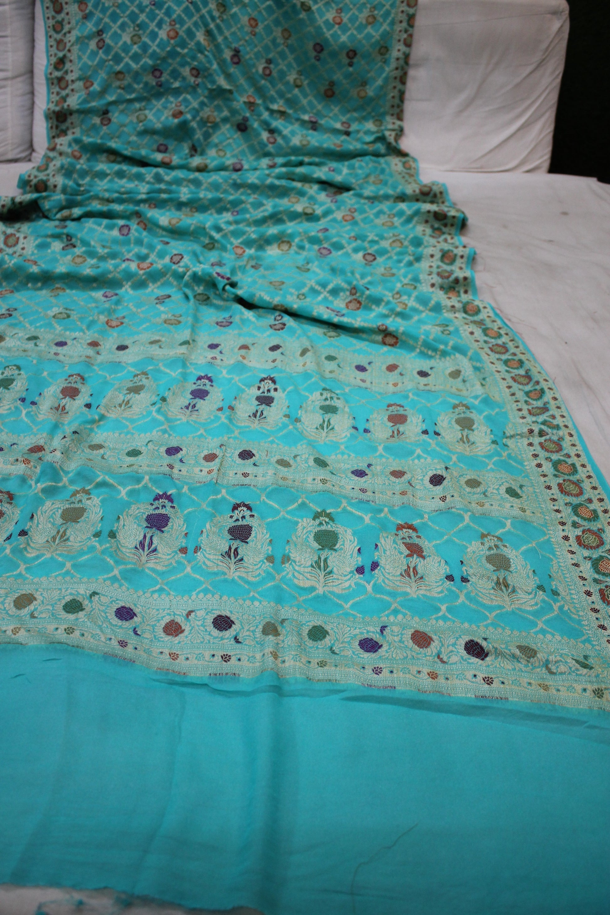 Serenity in Blue: Natural Blue Ghatchola Tilfi Pure Khaddi Georgette Banarasi Sari by Shades Of Benares - banarasi - banarasi saree shop