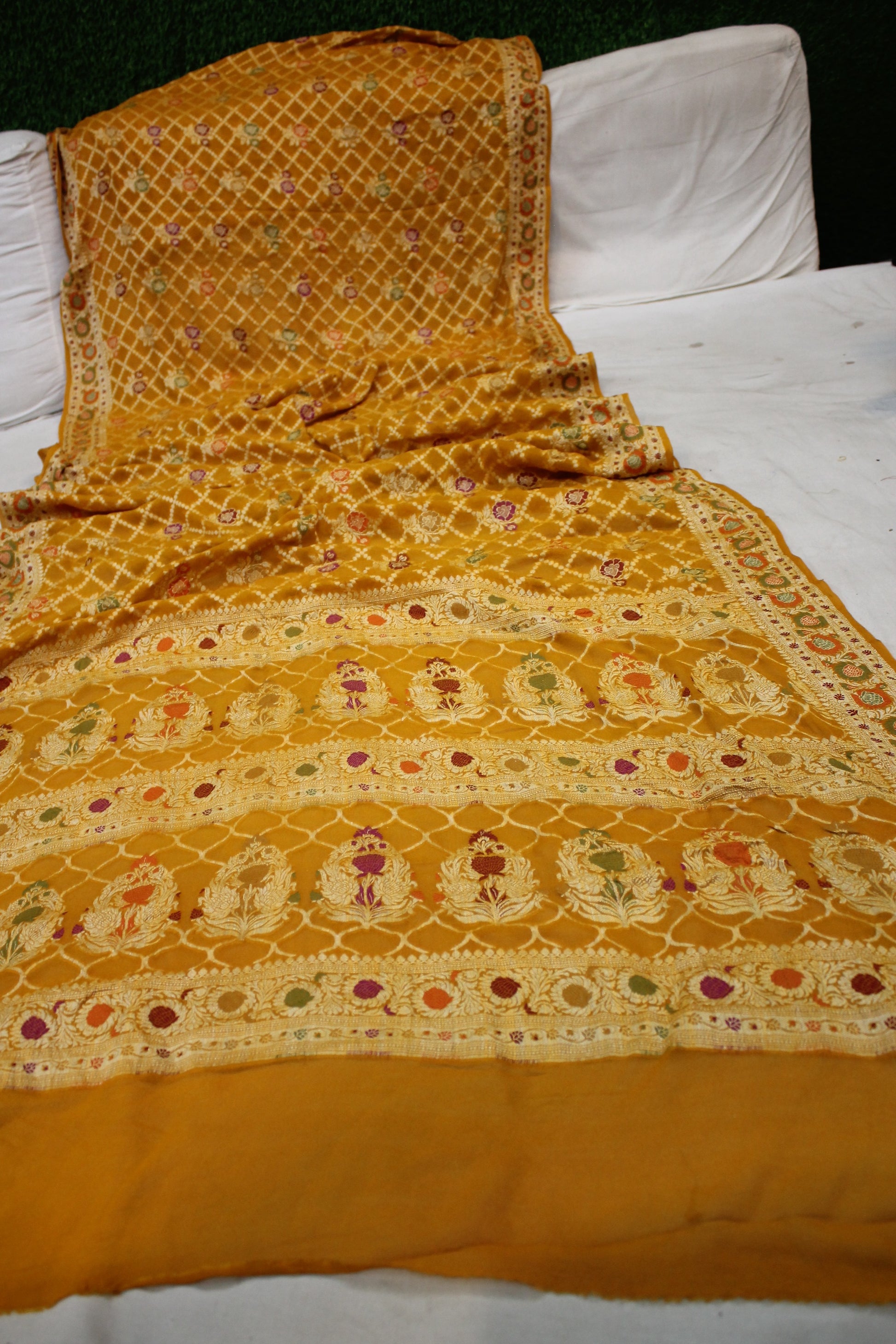 Radiant Sunshine: Festive Yellow Ghatchola Tilfi Pure Khaddi Georgette Banarasi Sari by Shades Of Benares - banarasi - banarasi saree shop