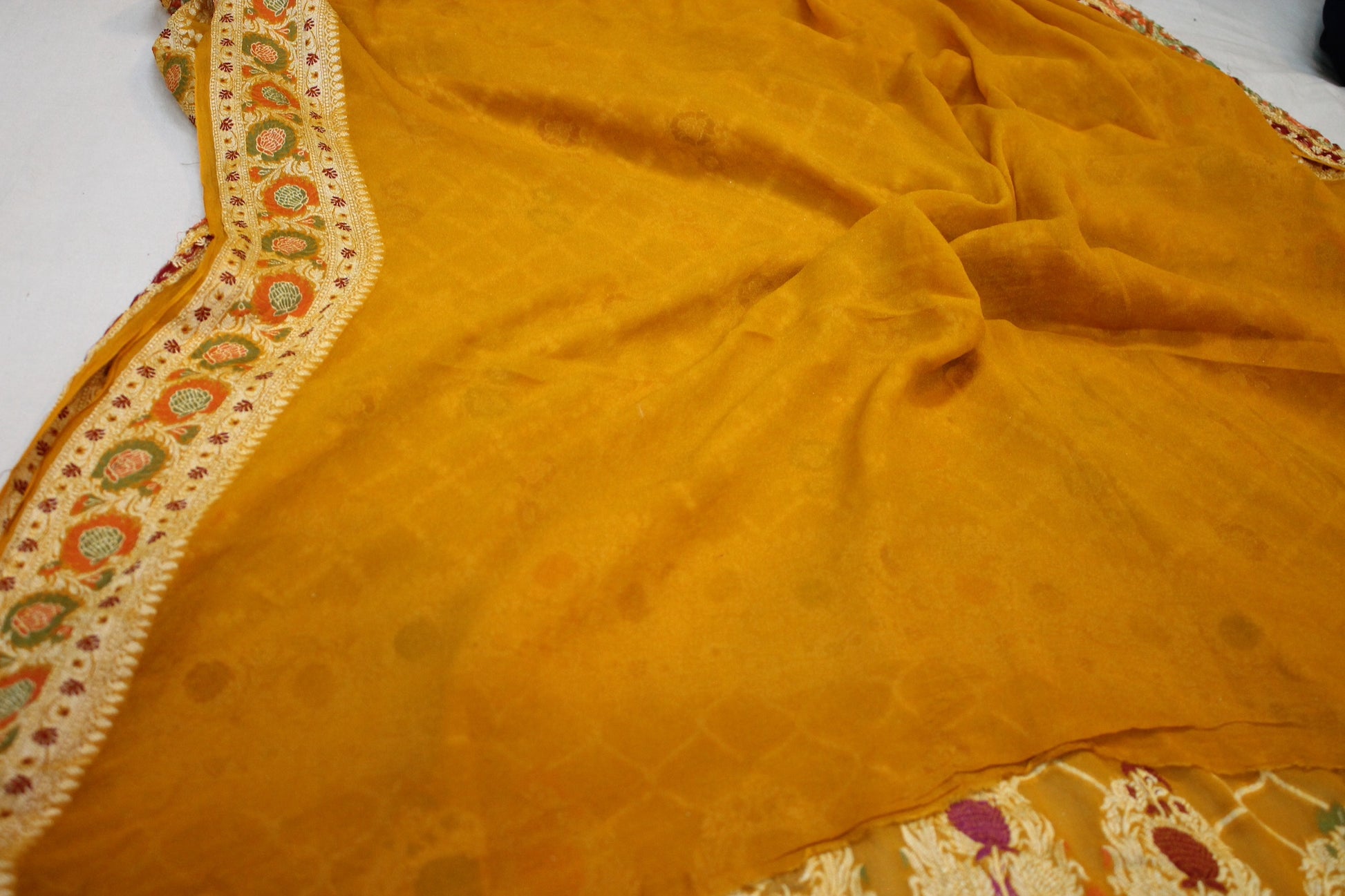 Radiant Sunshine: Festive Yellow Ghatchola Tilfi Pure Khaddi Georgette Banarasi Sari by Shades Of Benares - banarasi - banarasi saree shop