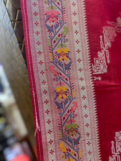 The Crimson Symphony: Red Tussar Silk Saree with Paithani by Shades Of Banaras - banarasi - banarasi saree shop - banarasi saree manufacturers - banarasi saree wholesale - banaraasi sarees