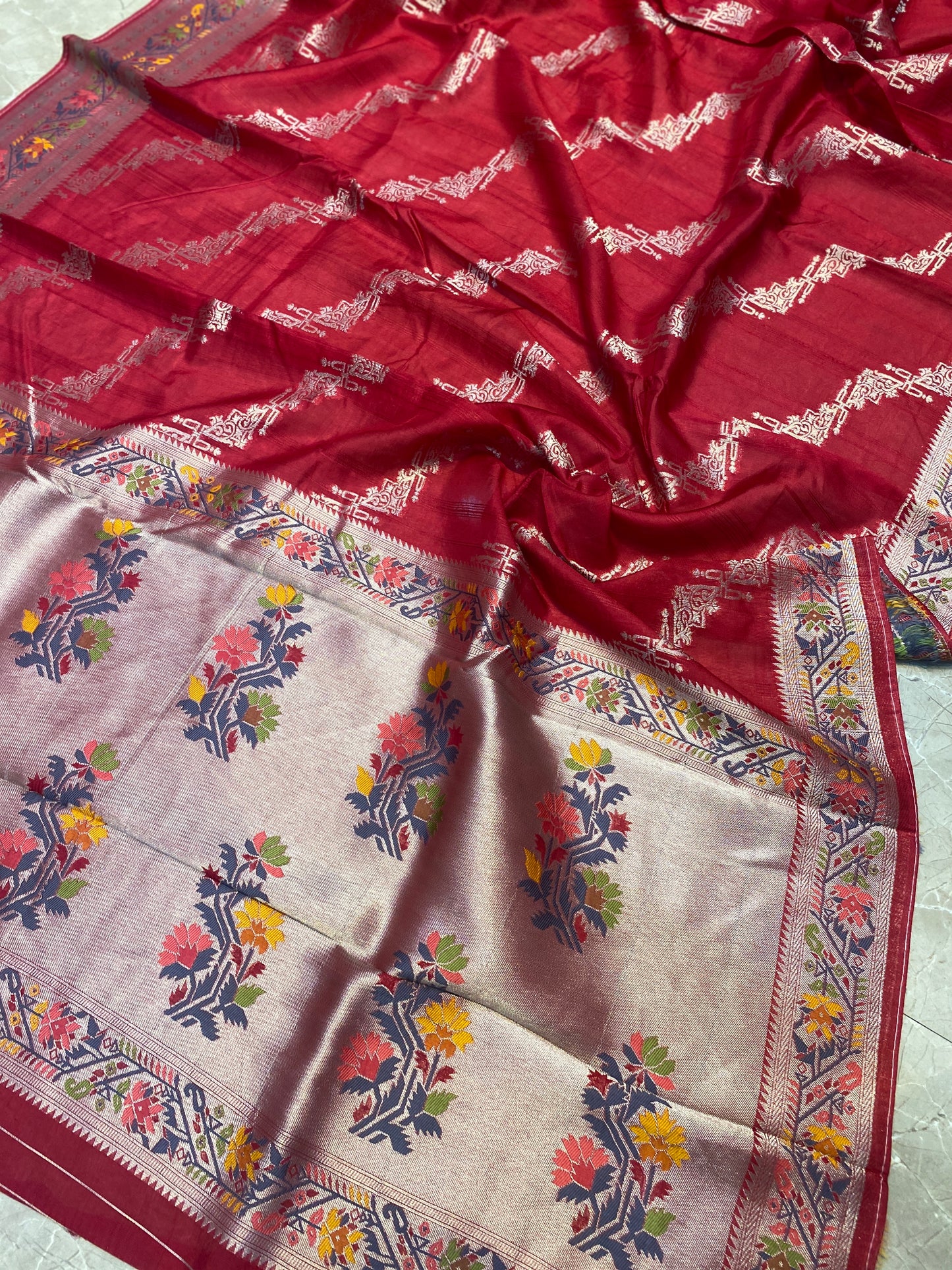 The Crimson Symphony: Red Tussar Silk Saree with Paithani by Shades Of Banaras - banarasi - banarasi saree shop - banarasi saree manufacturers - banarasi saree wholesale - banaraasi sarees