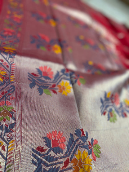 The Crimson Symphony: Red Tussar Silk Saree with Paithani by Shades Of Banaras - banarasi - banarasi saree shop - banarasi saree manufacturers - banarasi saree wholesale - banaraasi sarees