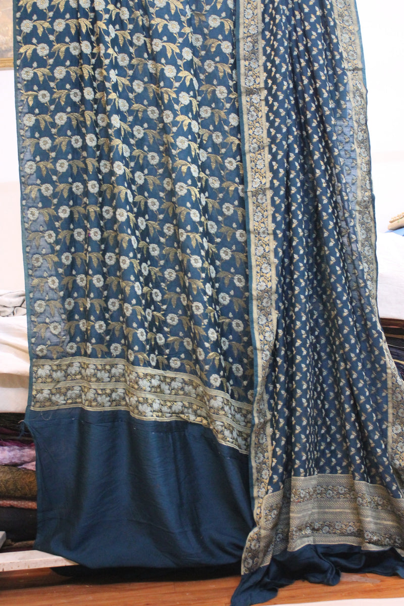 Luxurious handloom Banarasi dress material in dark greyish blue by Shades of Benares. Shop now!