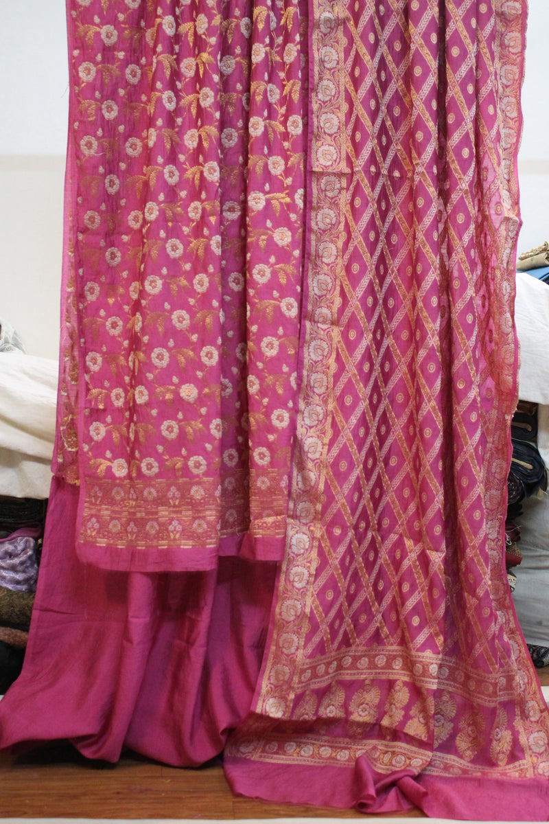 Pink Handloom 3 Pcs Cotton Silk Banarasi Dress Material with Sona Rupa Weaving by Shades Of Benares - banarasi - banarasi saree shop
