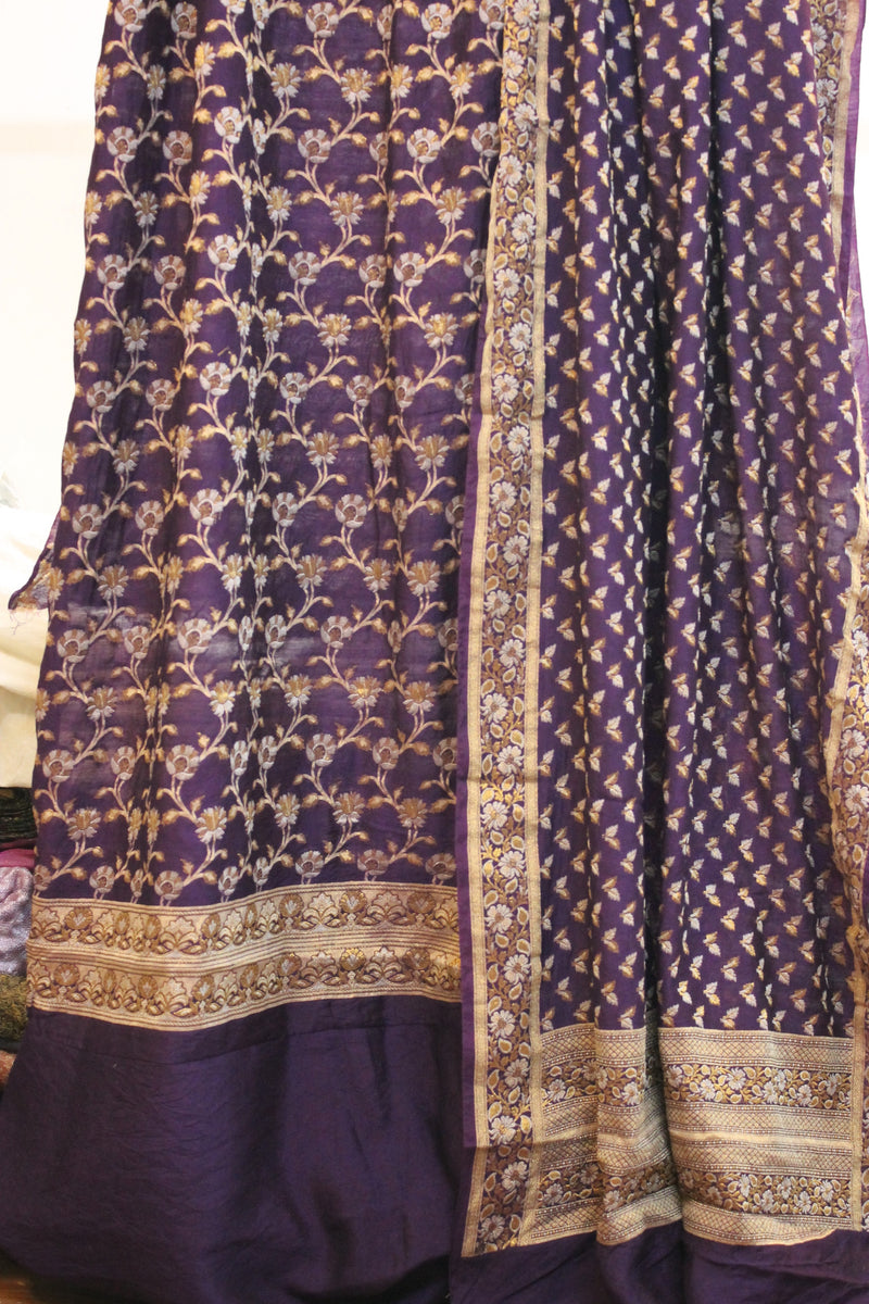 Luxurious Purple Handloom 3 Pcs Cotton Silk Banarasi Dress Material by Shades of Benares.