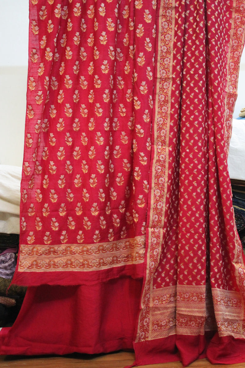 Elevate your style with a 3-piece Strawberry Pink Banarasi Dress Material Set by Shades of Benares.