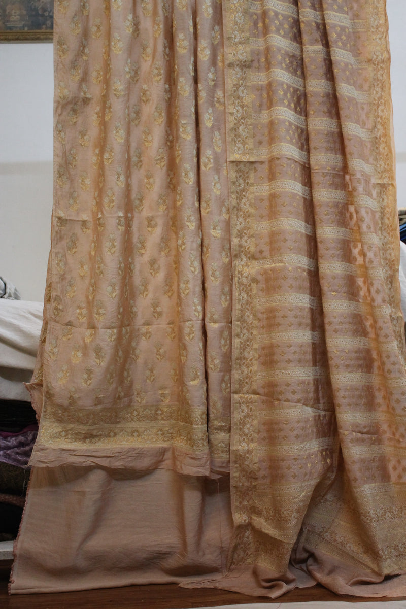 Timeless Elegance: Creme Handloom 3 Pcs Cotton Silk Banarasi Dress Material by shades of benares. 