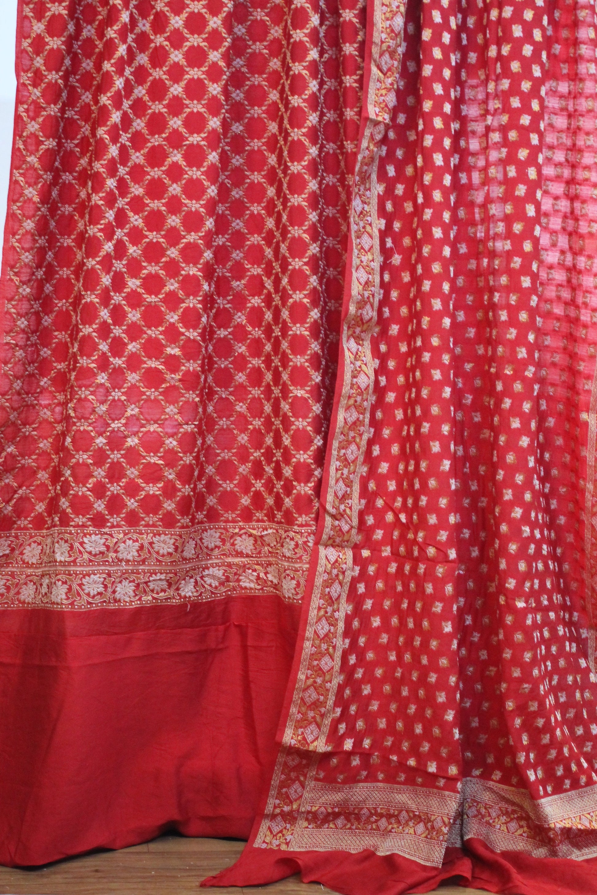 Radiant Red Charm: Red Handloom 3 Pcs Cotton Silk Banarasi Dress Material by Shades Of Benares - banarasi - banarasi saree shop