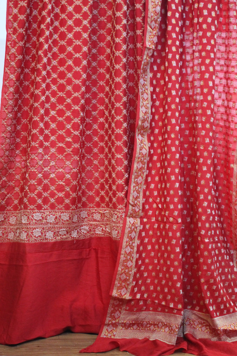 Stunning Red Cotton Silk Banarasi Dress Material by shades of benares.