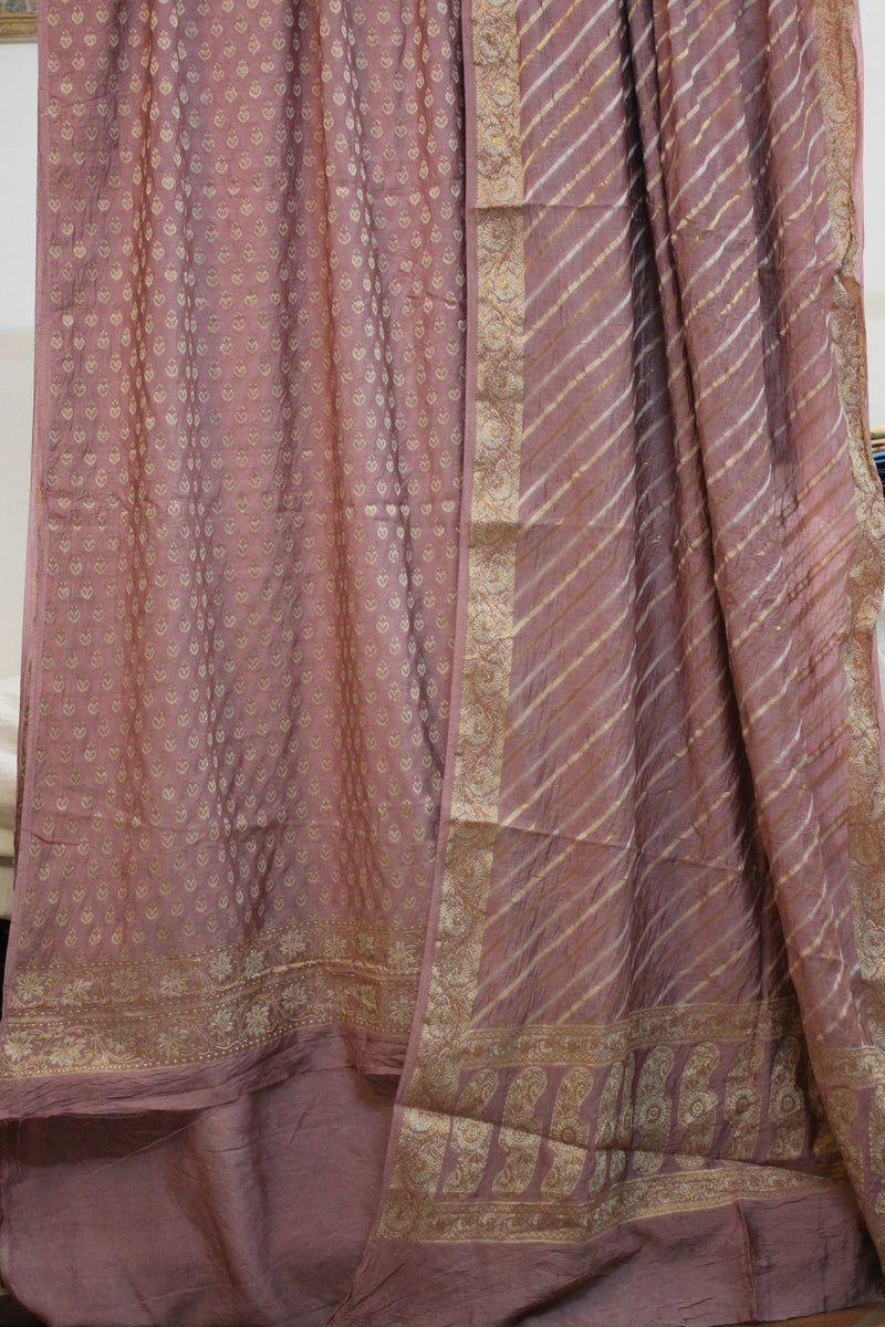 Enchanting Lavender Beauty: Cotton Silk Banarasi Dress Material by shades of benares. 3 Pcs Handloom.
