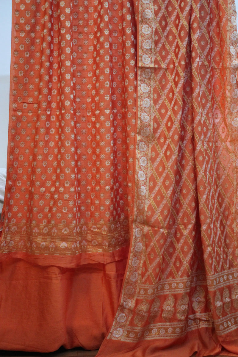 Peachish Orange Delight: Handloom 3 Pcs Cotton Silk Banarasi Dress Material by Shades Of Benares - banarasi - banarasi saree shop