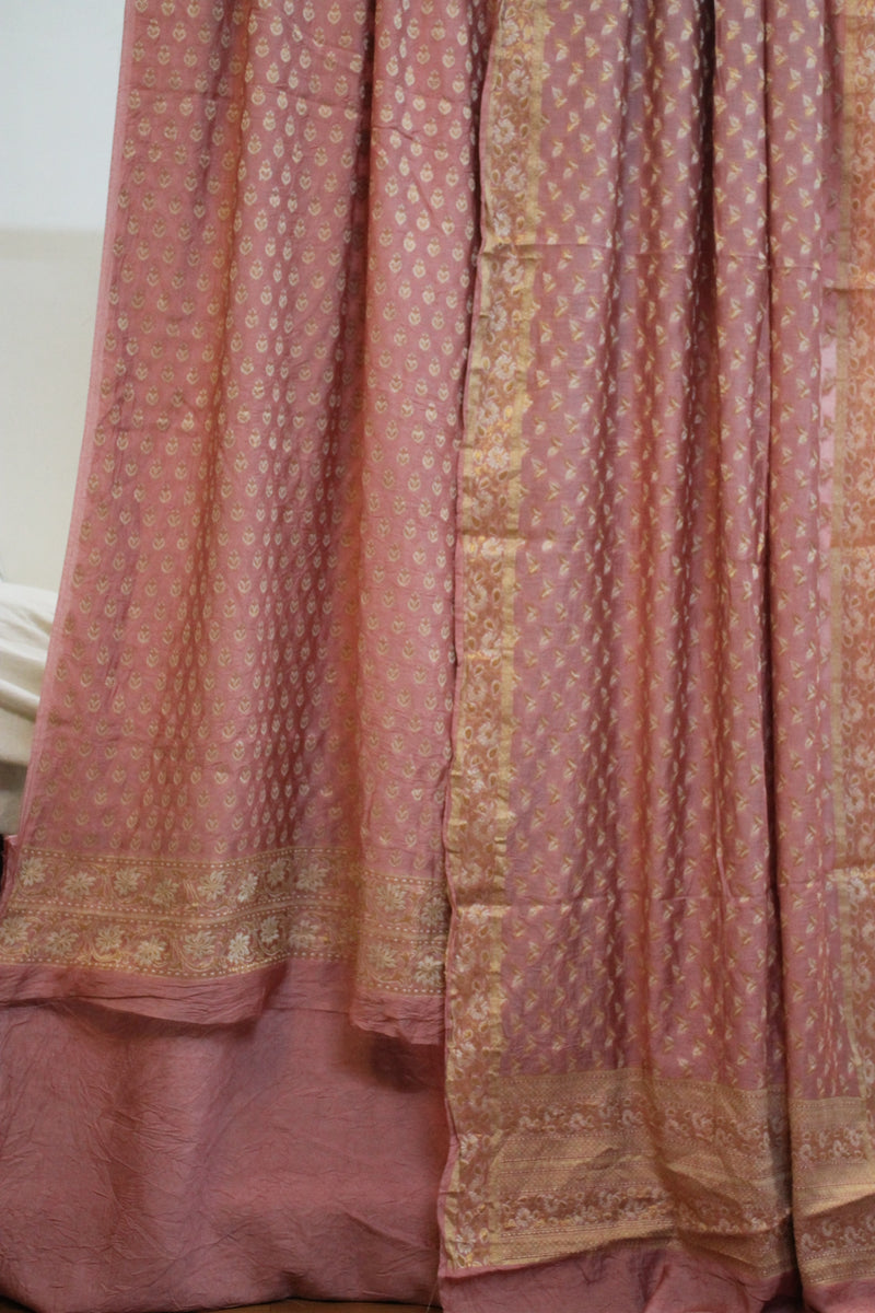 Elegant peach Banarasi suit set made of cotton silk by Shades of Benares.