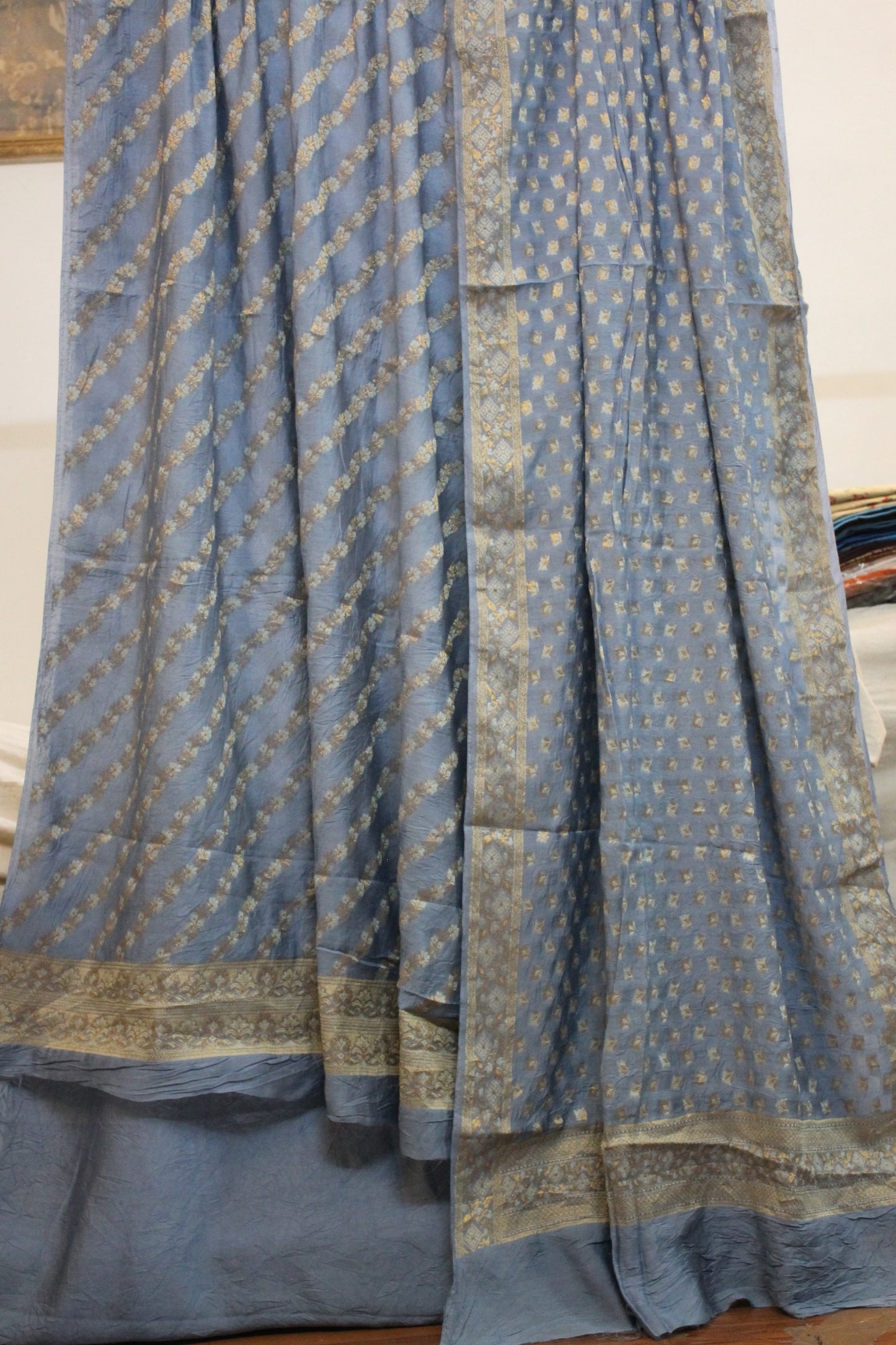 Sophisticated Elegance: Handloom 3-Piece Cotton Silk Banarasi Suit Set in Grey by Shades Of Benares - banarasi - banarasi saree shop