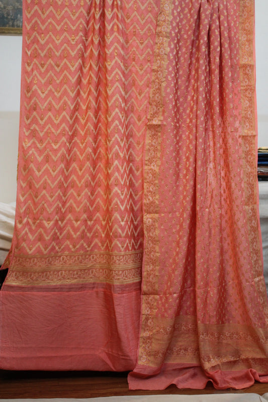 Peach Perfection: Handloom 3-Piece Cotton Silk Banarasi Suit Set in Peach by Shades Of Benares - banarasi - banarasi saree shop