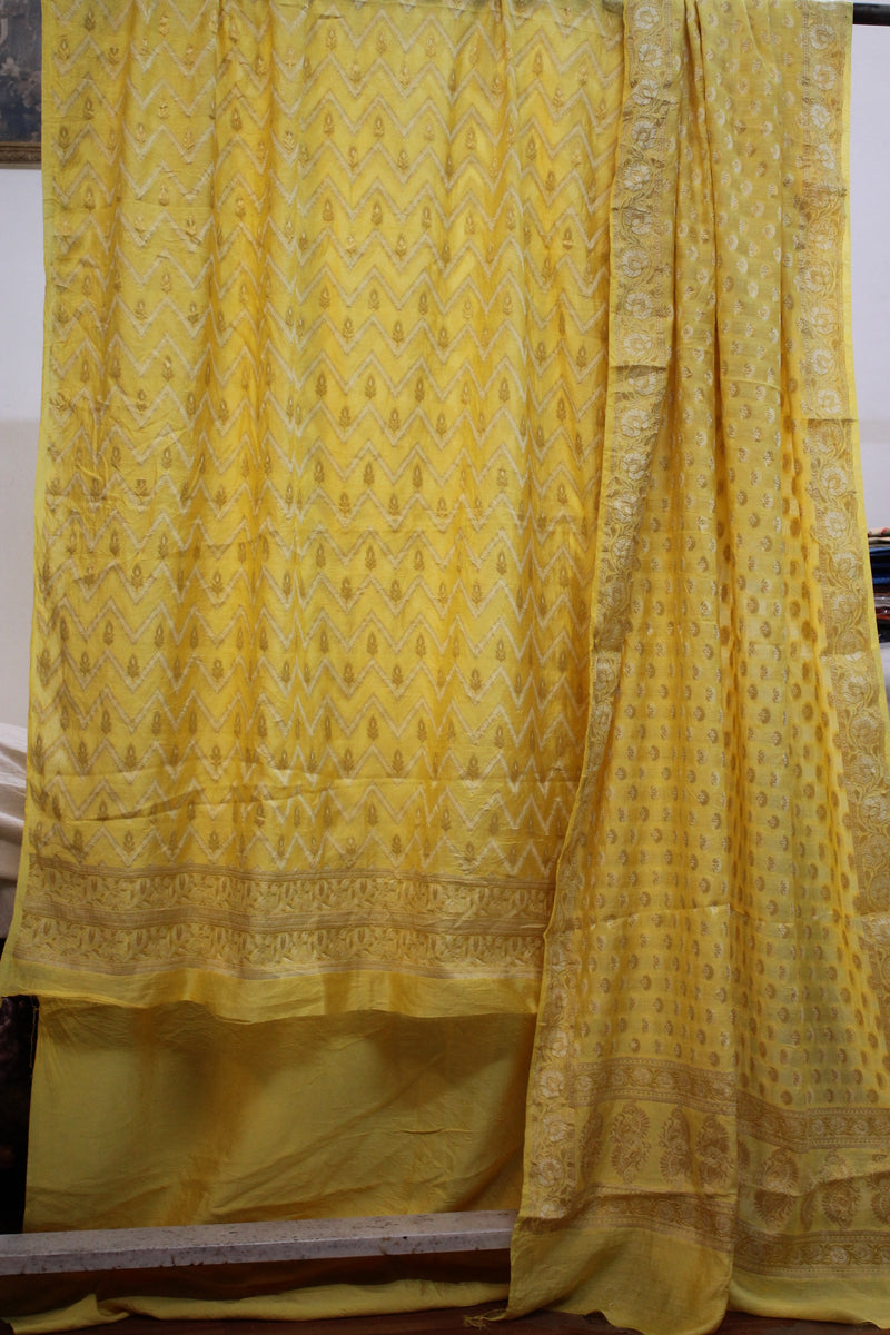 Sunshine Yellow Radiance: Handloom 3-Piece Cotton Silk Banarasi Suit Set in Yellow by shades of benares. 