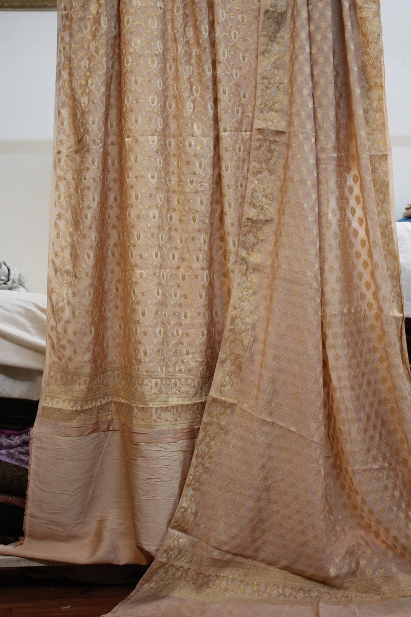 Beige cotton silk Banarasi suit set by Shades of Benares, exuding timeless elegance.