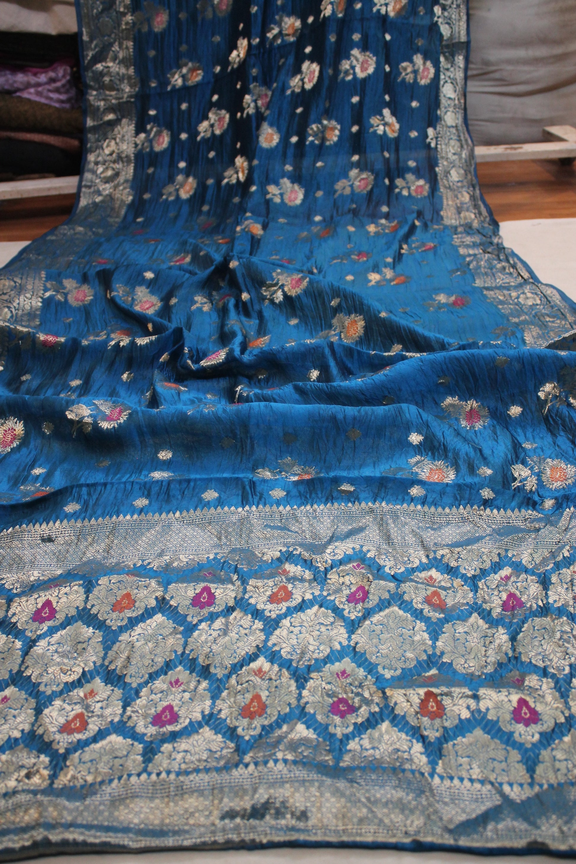 Blue Tilfi Buti Handloom Pure Dupion Silk Banarasi Saree by Shades Of Benares - banarasi - banarasi saree shop