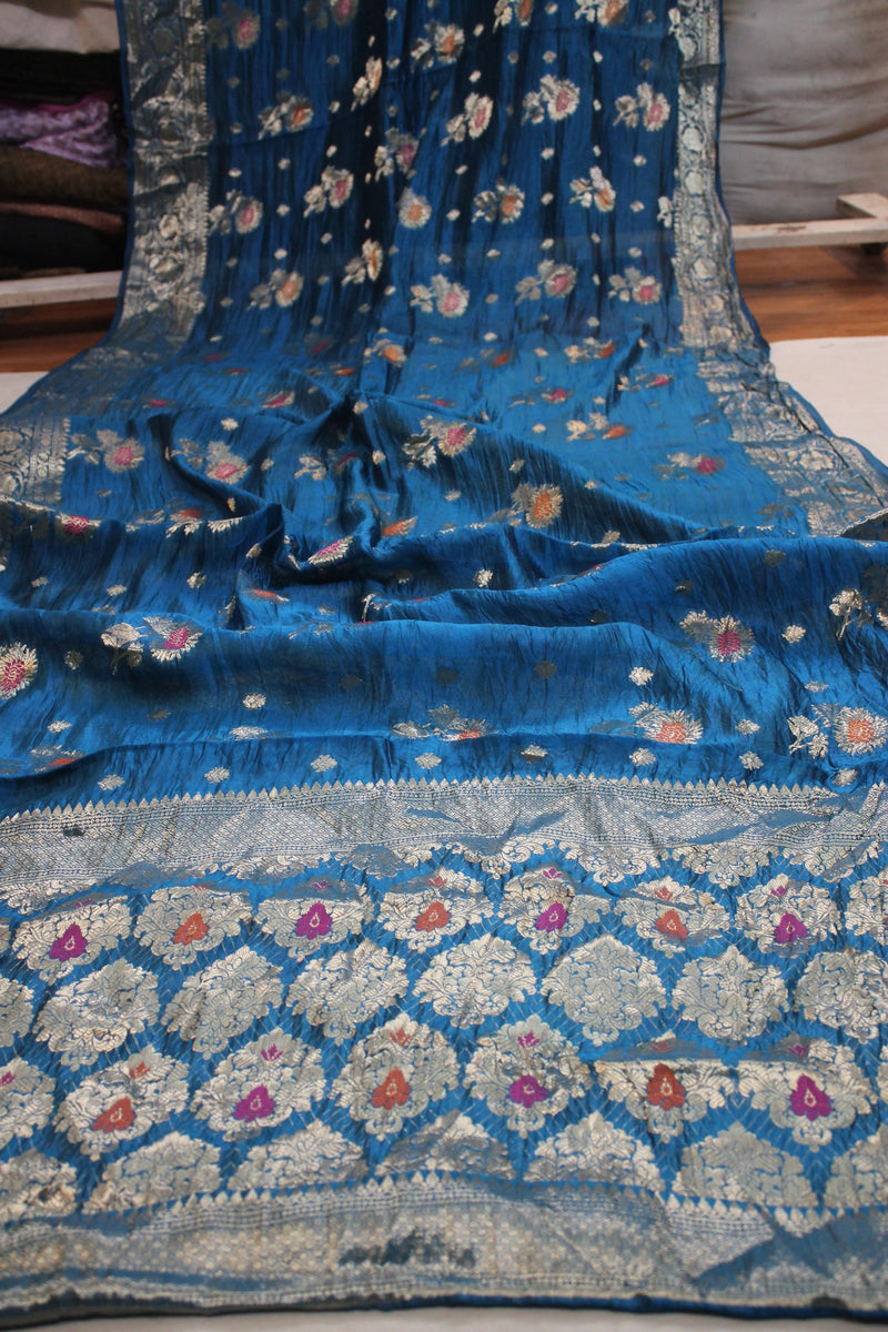 Blue Tilfi Buti Handloom Pure Dupion Silk Banarasi Saree by Shades Of Benares - banarasi - banarasi saree shop