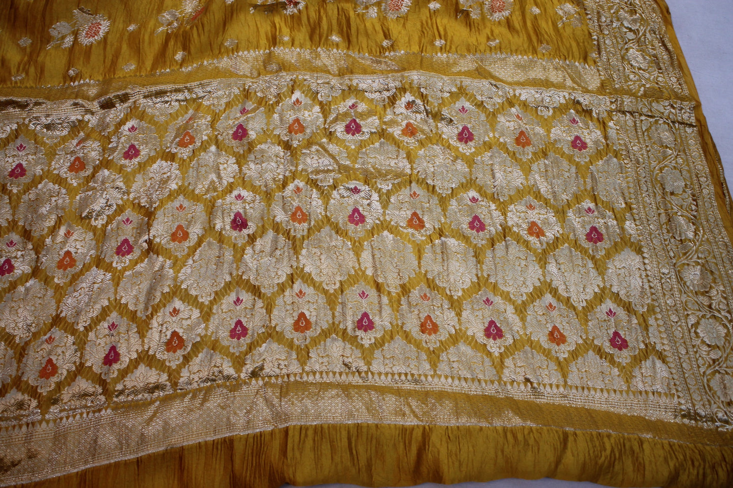 Golden Radiance: Yellow Tilfi Buti Handloom Pure Dupion Silk Banarasi Saree by Shades Of Benares - banarasi - banarasi saree shop