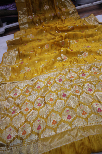 Golden Radiance: Yellow Tilfi Buti Handloom Pure Dupion Silk Banarasi Saree by Shades Of Benares - banarasi - banarasi saree shop