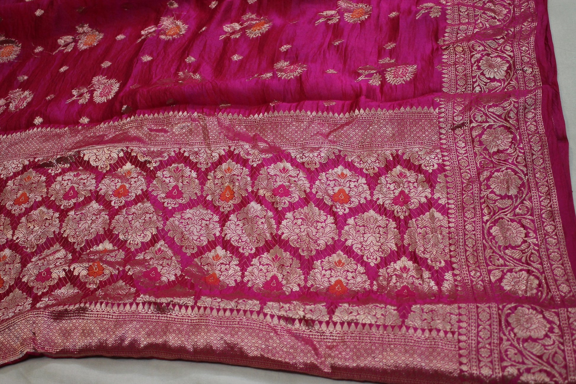 Rani Pink Tilfi Buti Handloom Pure Dupion Silk Banarasi Saree by Shades Of Benares - banarasi - banarasi saree shop