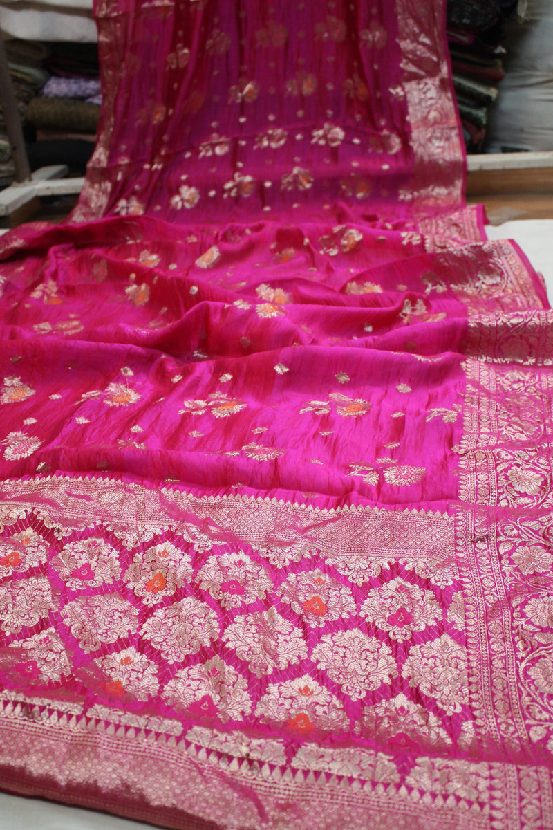 Rani Pink Tilfi Buti Handloom Pure Dupion Silk Banarasi Saree by Shades Of Benares - banarasi - banarasi saree shop