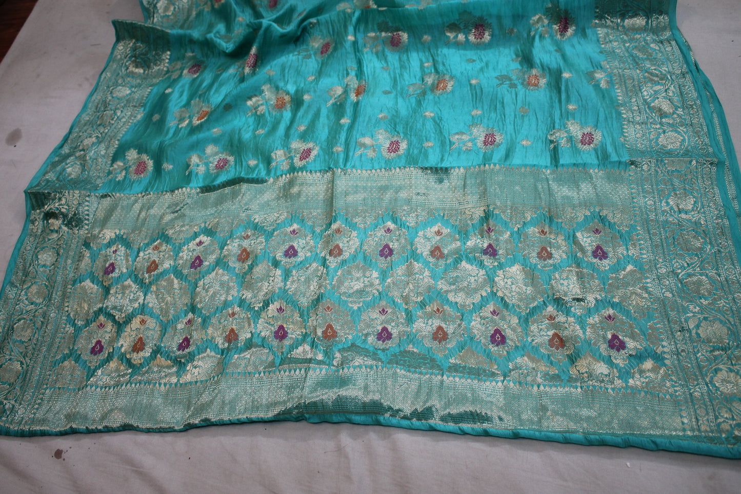 Sea Blue Tilfi Buti Handloom Pure Dupion Silk Banarasi Saree by Shades Of Benares - banarasi - banarasi saree shop