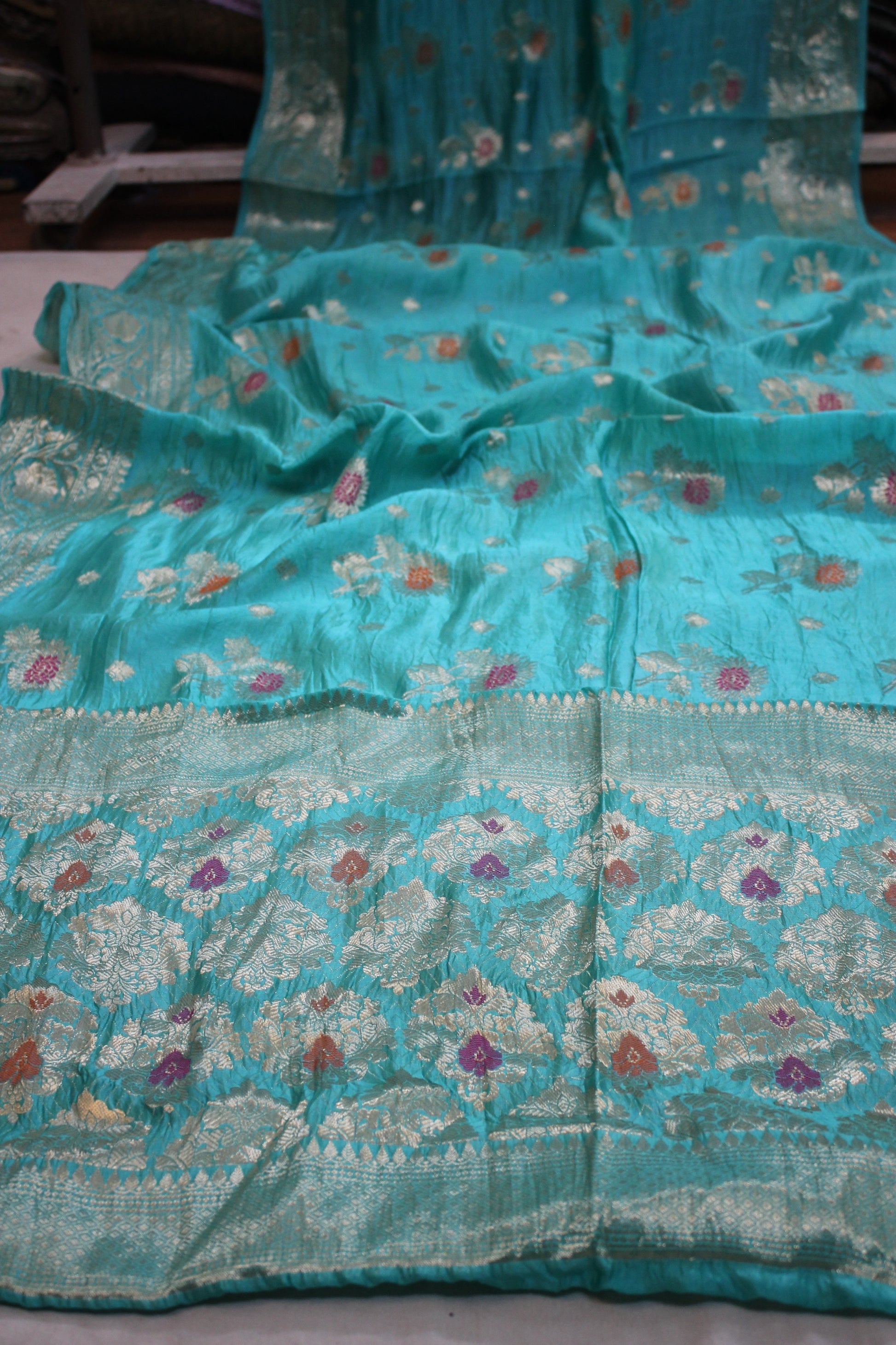 Sea Blue Tilfi Buti Handloom Pure Dupion Silk Banarasi Saree by Shades Of Benares - banarasi - banarasi saree shop