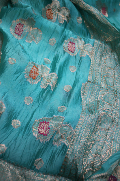 Sea Blue Tilfi Buti Handloom Pure Dupion Silk Banarasi Saree by Shades Of Benares - banarasi - banarasi saree shop