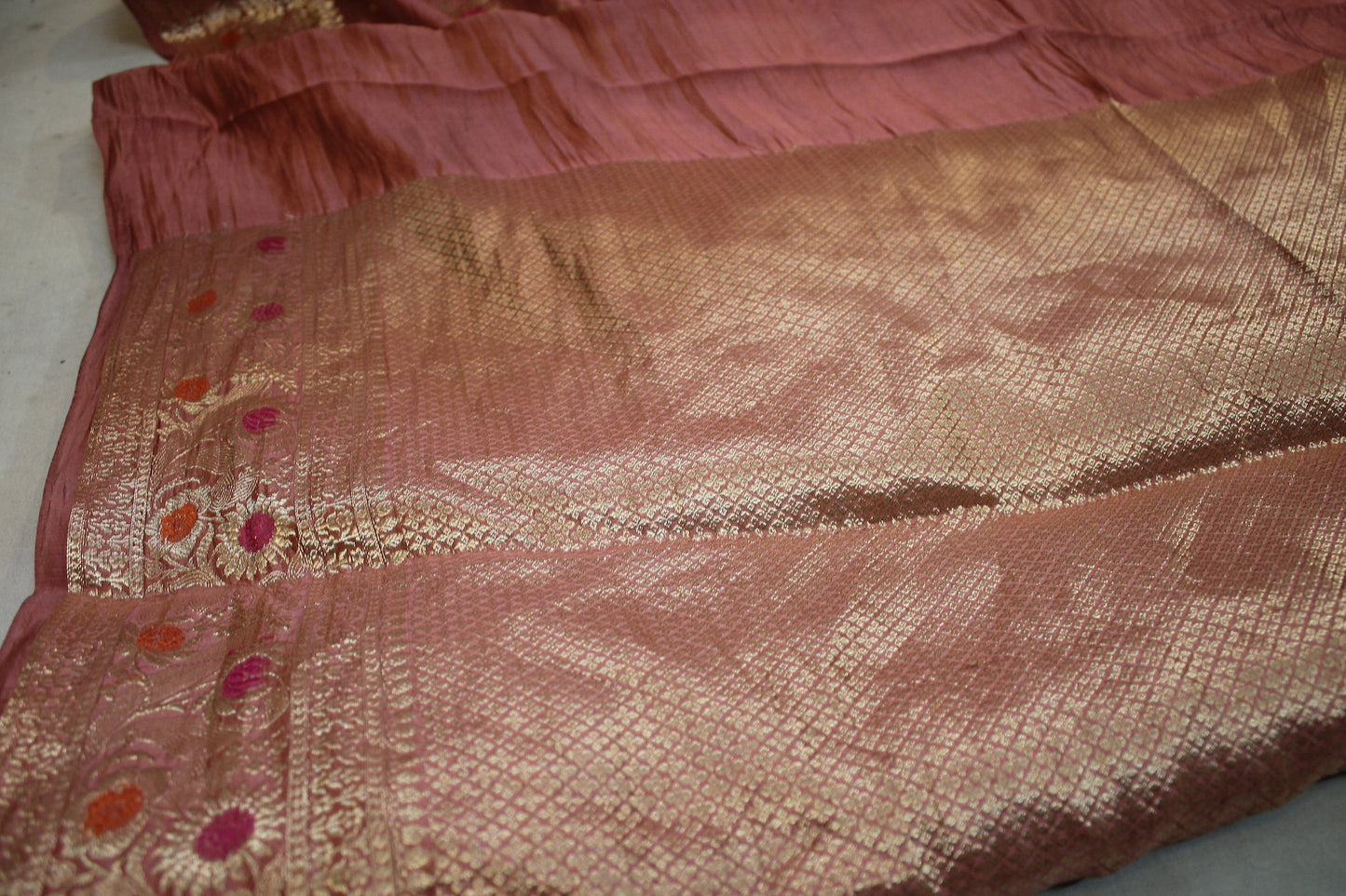 Peach Perfection: Peach Tilfi Buti Handloom Pure Dupion Silk Banarasi Saree by Shades Of Benares - banarasi - banarasi saree shop