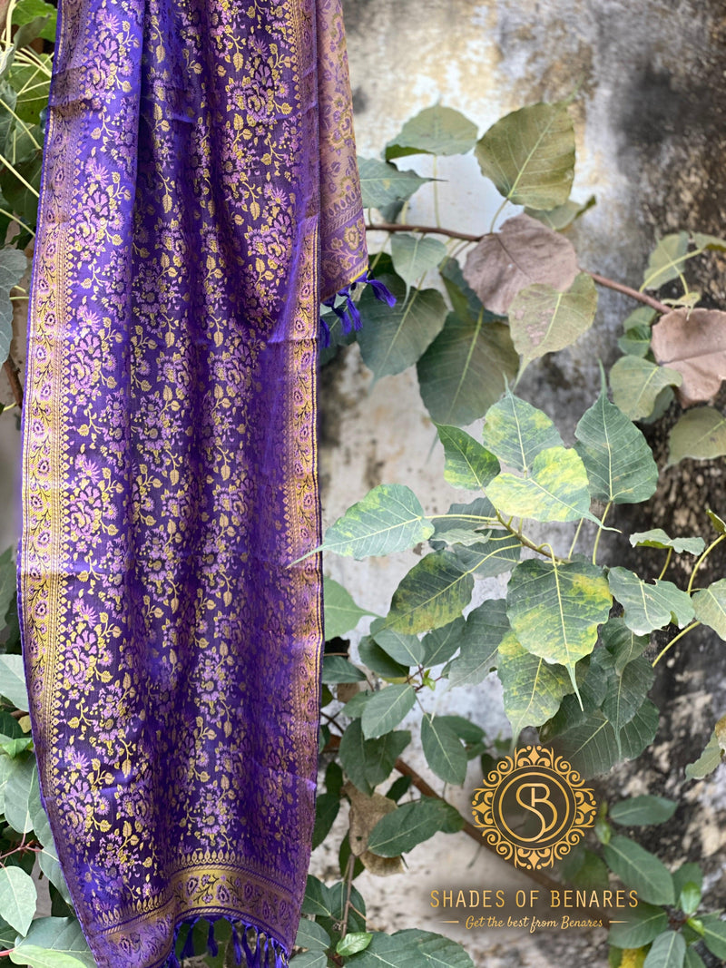 Classy Purple Handloom Printed Banarasi Silk Scarf - Shades Of Benares