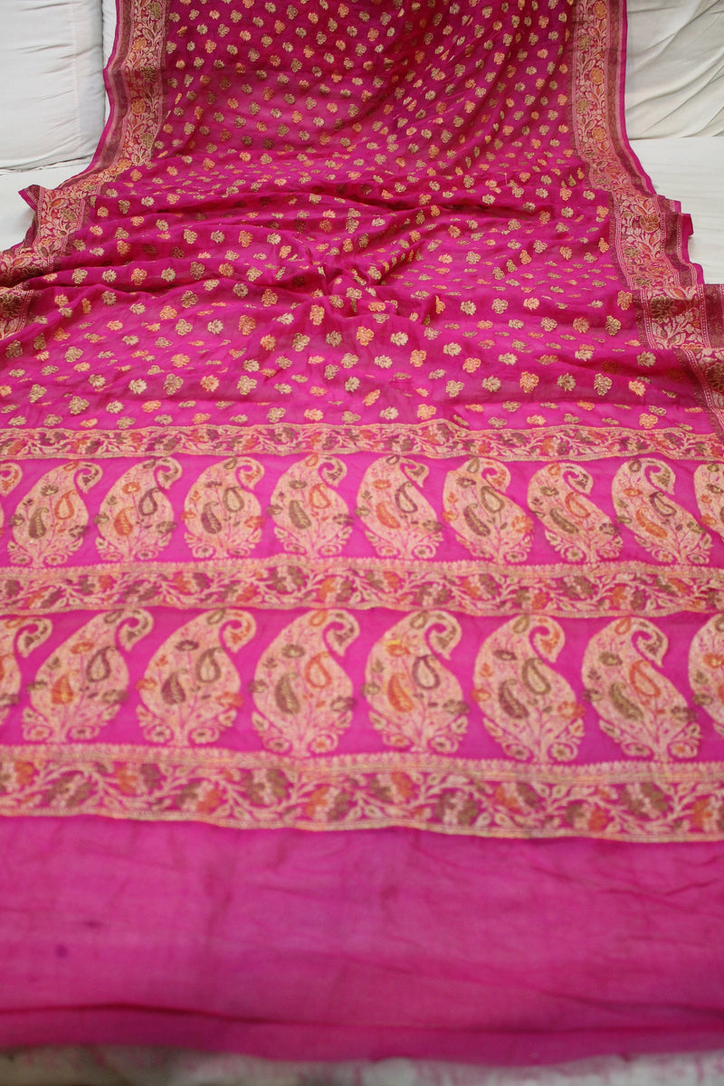 Vibrant Charm: Hot Pink Tilfi Weave Georgette Banarasi Saree by Shades Of Benares - banarasi - banarasi saree shop