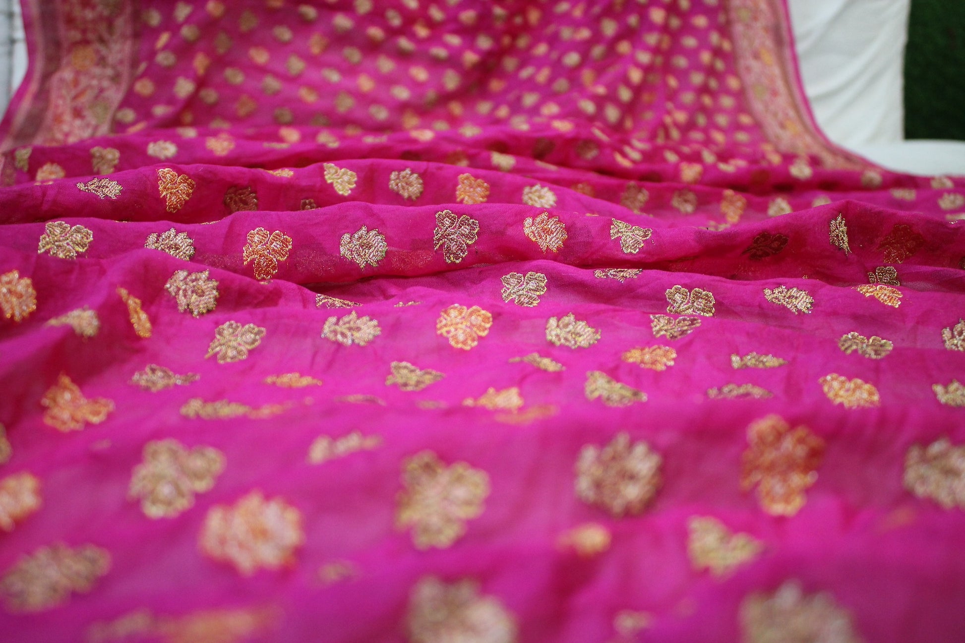 Vibrant Charm: Hot Pink Tilfi Weave Georgette Banarasi Saree by Shades Of Benares - banarasi - banarasi saree shop