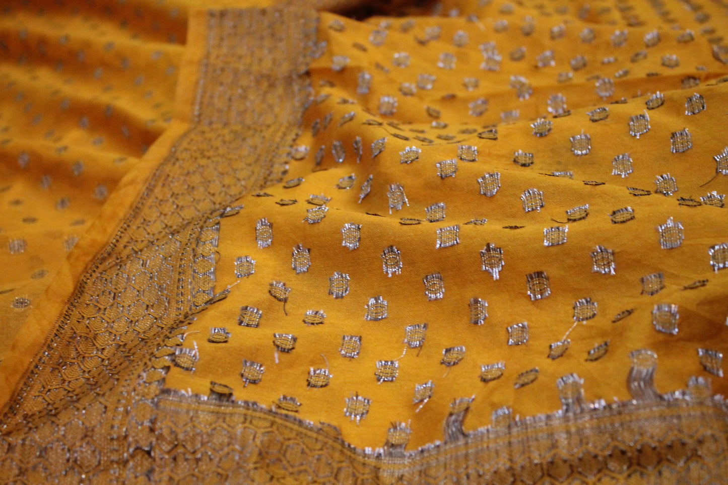 Sunshine Glow: Yellow Tilfi Weave Georgette Banarasi Saree by Shades Of Benares - banarasi - banarasi saree shop