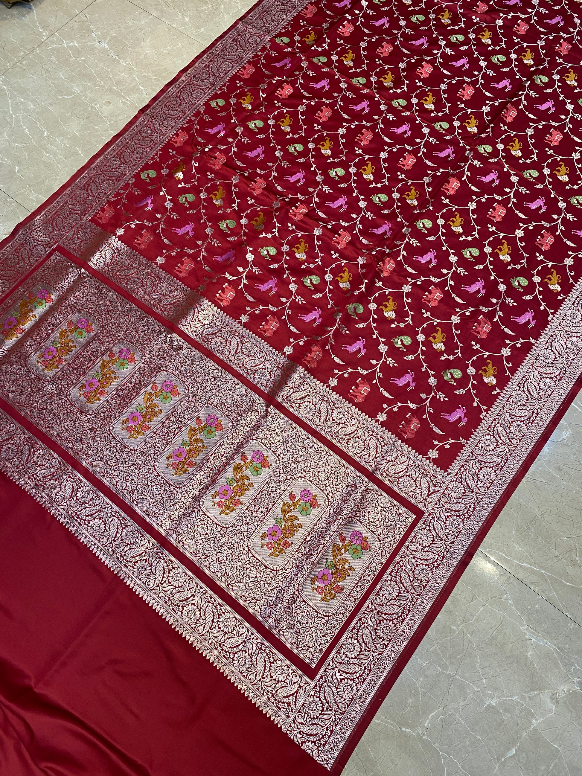 Opulent Maroon Pure Satin Silk Saree with Shikargah Jaal by Shades Of Banaras - banarasi - banarasi saree shop - banarasi saree manufacturers - banarasi saree wholesale - banaraasi sarees