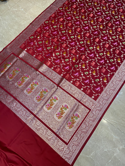 Opulent Maroon Pure Satin Silk Saree with Shikargah Jaal by Shades Of Banaras - banarasi - banarasi saree shop - banarasi saree manufacturers - banarasi saree wholesale - banaraasi sarees