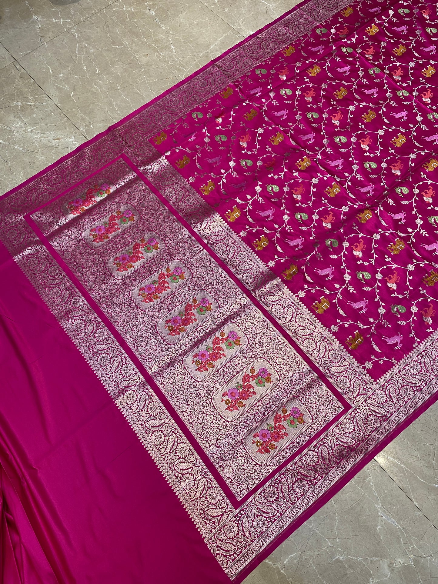 Glamorous Pink Pure Satin Silk Saree with Shikargah Jaal by Shades Of Banaras - banarasi - banarasi saree shop - banarasi saree manufacturers - banarasi saree wholesale - banaraasi sarees