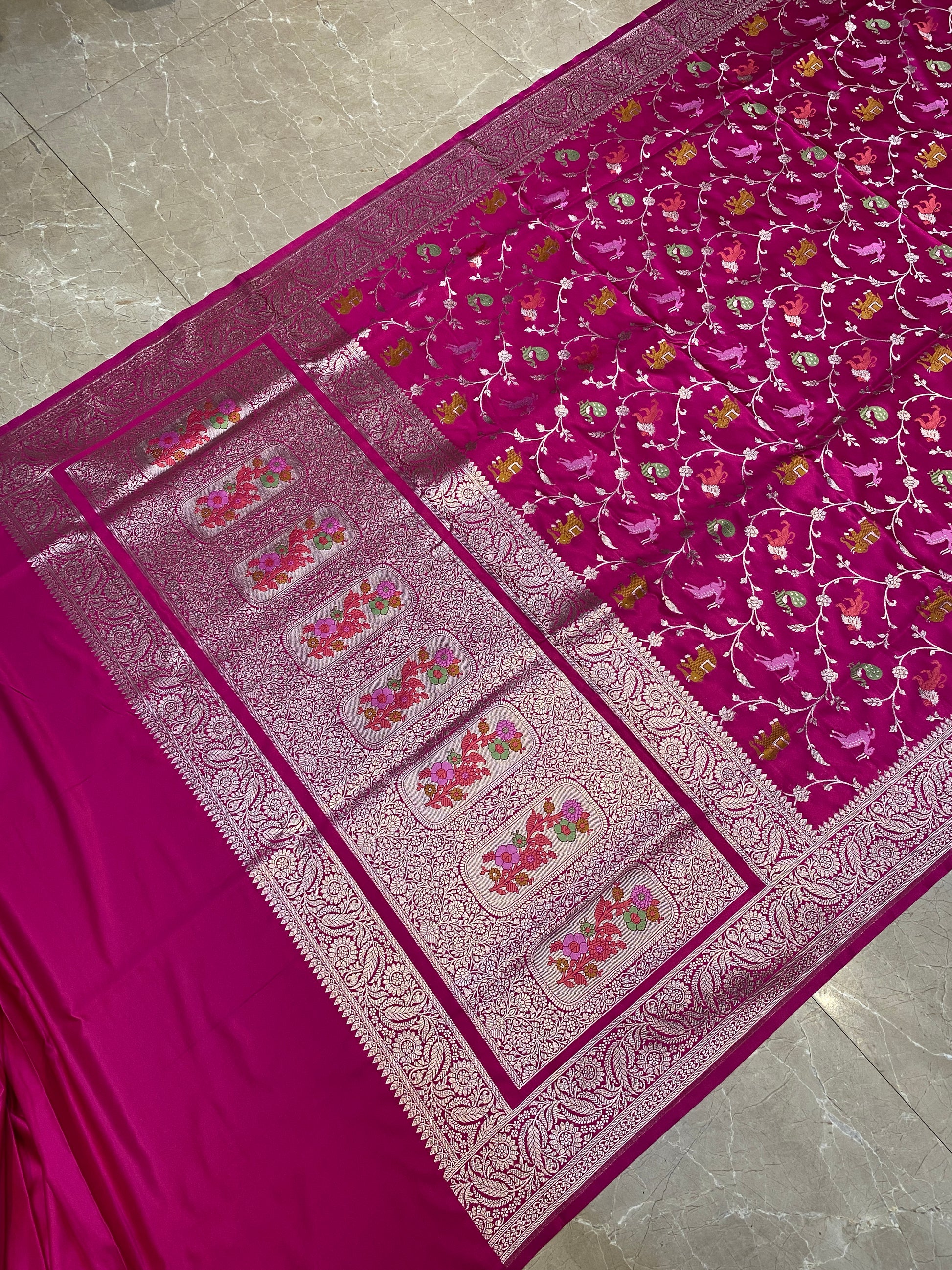 Glamorous Pink Pure Satin Silk Saree with Shikargah Jaal by Shades Of Banaras - banarasi - banarasi saree shop - banarasi saree manufacturers - banarasi saree wholesale - banaraasi sarees