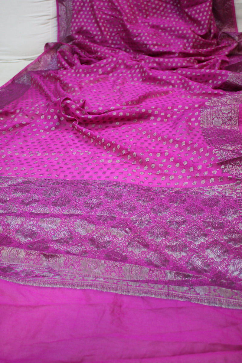 Pink Petals: Pink Buti Georgette Banarasi Saree by Shades Of Benares - banarasi - banarasi saree shop