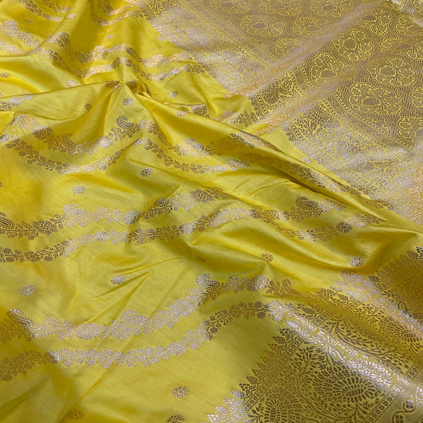 Discover the Luxurious Silk Elegance of a Bright Yellow Crepe Silk Handloom Saree by Shades Of Benares - banarasi - banarasi saree shop