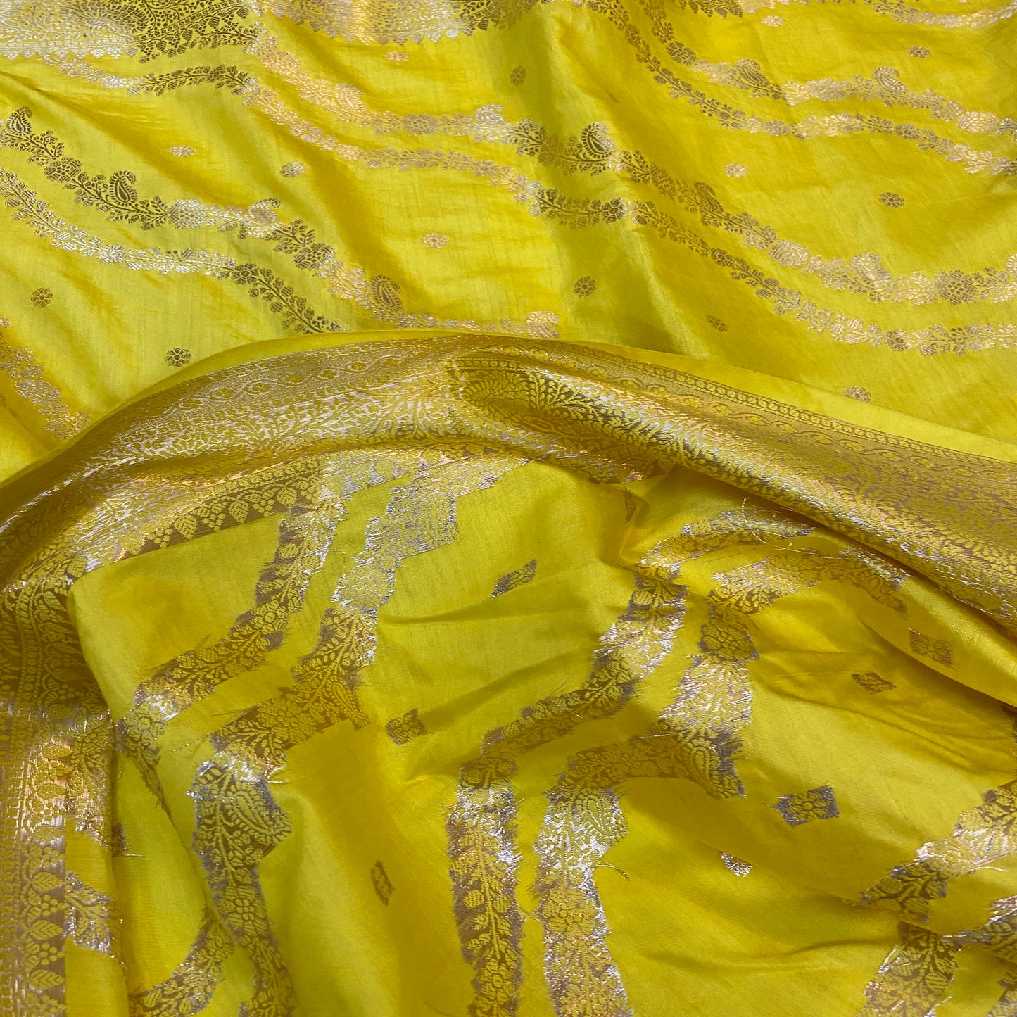 Discover the Luxurious Silk Elegance of a Bright Yellow Crepe Silk Handloom Saree by Shades Of Benares - banarasi - banarasi saree shop