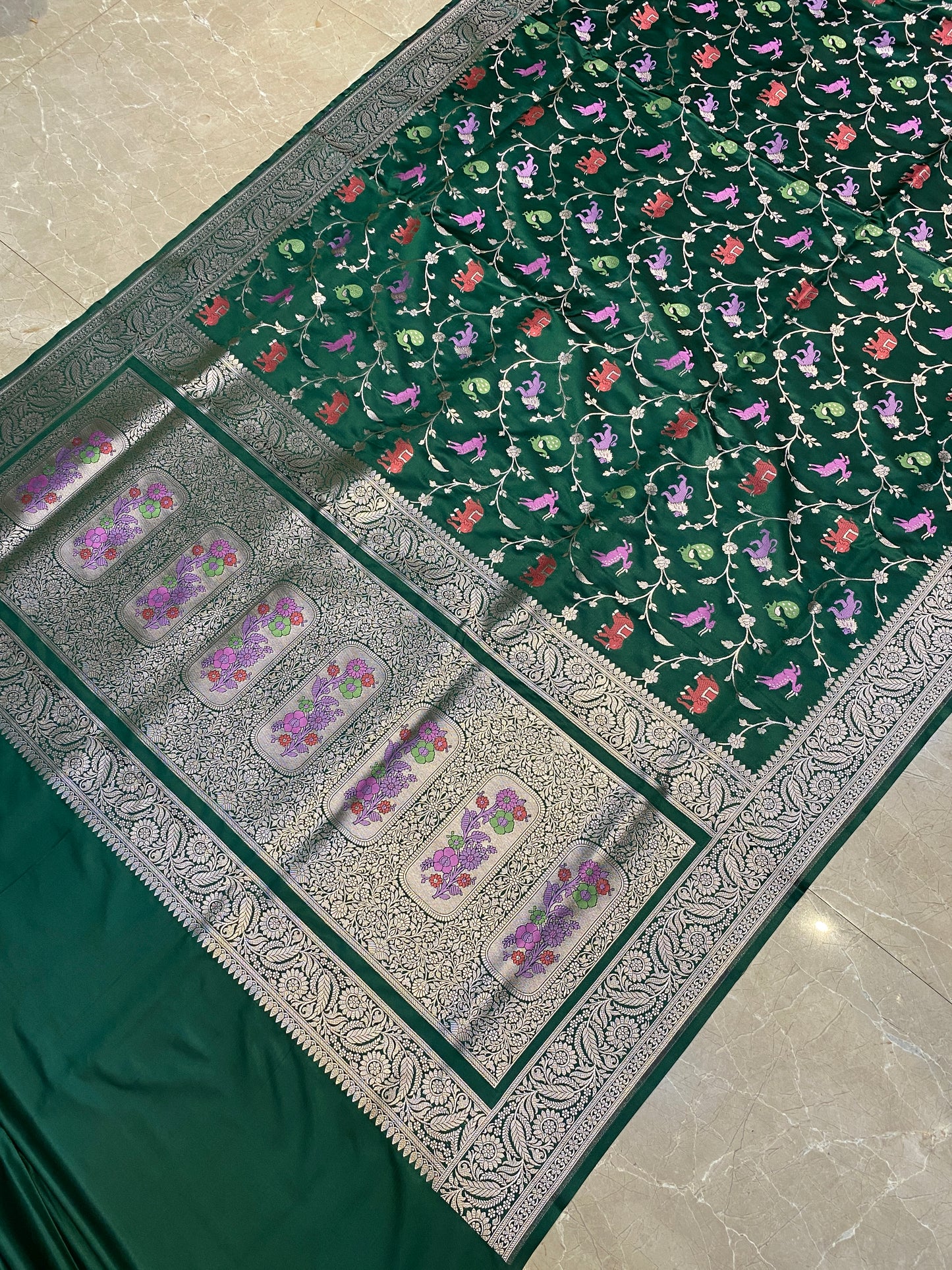 Majestic Bottle Green Pure Satin Silk Saree with Shikargah Jaal by Shades Of Banaras - banarasi - banarasi saree shop - banarasi saree manufacturers - banarasi saree wholesale - banaraasi sarees