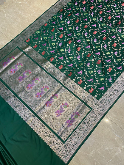 Majestic Bottle Green Pure Satin Silk Saree with Shikargah Jaal by Shades Of Banaras - banarasi - banarasi saree shop - banarasi saree manufacturers - banarasi saree wholesale - banaraasi sarees