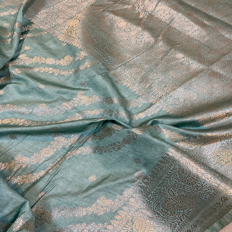 Elegant sea blue Banarasi saree in handloom crepe silk.