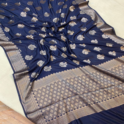 Luxurious Navy Blue Crepe Silk Handloom Banarasi Saree by Shades Of Benares - banarasi - banarasi saree shop